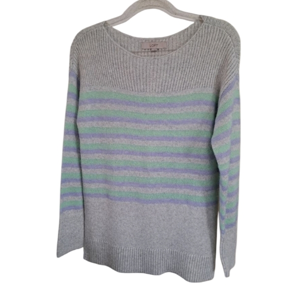 Ann Taylor LOFT Tunic Sweater Gray Aqua Blue Strip Sweater Size Small - Picture 1 of 8